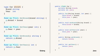 type Car struct {
Brand string
Year int
}
func (p *Car) SetBrand(brand string) {
p.Brand = brand
}
func (p *Car) SetYear(year int) {
p.Year = year
}
func (p *Car) GetBrand() string {
return p.Brand
}
func (p *Car) GetYear() int {
return p.Year
}
public class Car {
private String brand;
private int year;
public Car(String brand, int year) {
this.brand = brand;
this.year = year;
}
public void setBrand(String brand) {
this.brand = brand;
}
public void setYear(int year) {
this.year = year;
}
public String getBrand() {
return brand;
}
public int getYear() {
return year;
}
}
Golang Java
 