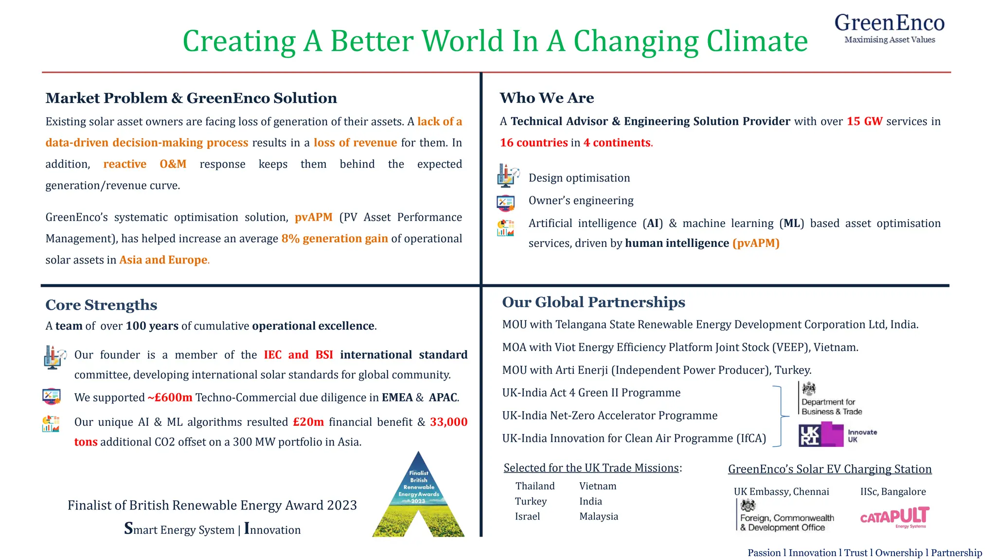 Core Strengths
A team of over 100 years of cumulative operational excellence.
▪ Our founder is a member of the IEC and BSI international standard
committee, developing international solar standards for global community.
▪ We supported ~£600m Techno-Commercial due diligence in EMEA & APAC.
▪ Our unique AI & ML algorithms resulted £20m financial benefit & 33,000
tons additional CO2 offset on a 300 MW portfolio in Asia.
Our Global Partnerships
MOU with Telangana State Renewable Energy Development Corporation Ltd, India.
MOA with Viot Energy Efficiency Platform Joint Stock (VEEP), Vietnam.
MOU with Arti Enerji (Independent Power Producer), Turkey.
UK-India Act 4 Green II Programme
UK-India Net-Zero Accelerator Programme
UK-India Innovation for Clean Air Programme (IfCA)
Creating A Better World In A Changing Climate
Selected for the UK Trade Missions:
Thailand Vietnam
Turkey India
Israel Malaysia
GreenEnco’s Solar EV Charging Station
UK Embassy, Chennai IISc, Bangalore
Market Problem & GreenEnco Solution
Existing solar asset owners are facing loss of generation of their assets. A lack of a
data-driven decision-making process results in a loss of revenue for them. In
addition, reactive O&M response keeps them behind the expected
generation/revenue curve.
GreenEnco’s systematic optimisation solution, pvAPM (PV Asset Performance
Management), has helped increase an average 8% generation gain of operational
solar assets in Asia and Europe.
Who We Are
A Technical Advisor & Engineering Solution Provider with over 15 GW services in
16 countries in 4 continents.
▪ Design optimisation
▪ Owner’s engineering
▪ Artificial intelligence (AI) & machine learning (ML) based asset optimisation
services, driven by human intelligence (pvAPM)
Finalist of British Renewable Energy Award 2023
Smart Energy System | Innovation
Passion l Innovation l Trust l Ownership l Partnership
 