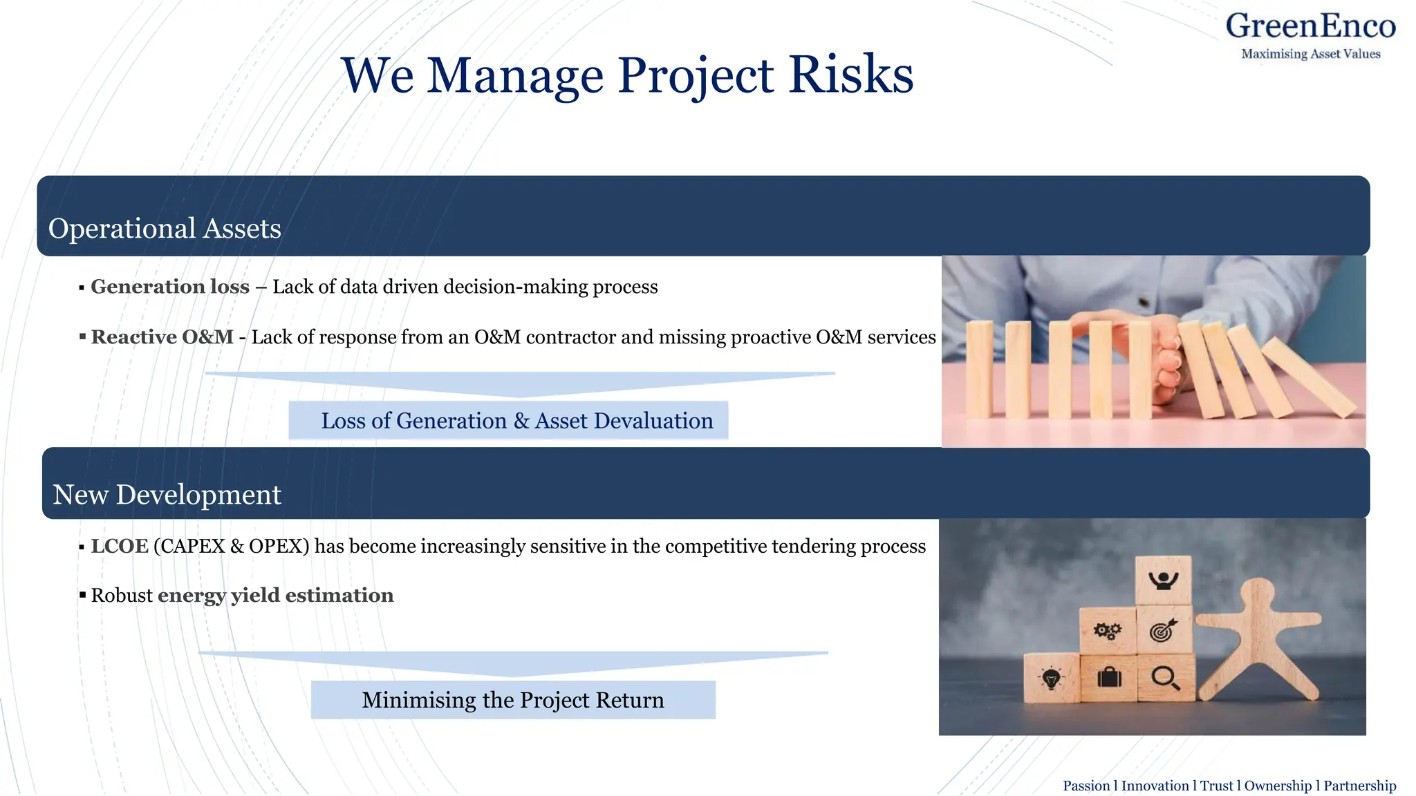 Operational Assets
▪ Generation loss – Lack of data driven decision-making process
▪ Reactive O&M - Lack of response from an O&M contractor and missing proactive O&M services
New Development
▪ LCOE (CAPEX & OPEX) has become increasingly sensitive in the competitive tendering process
▪ Robust energy yield estimation
We Manage Project Risks
Loss of Generation & Asset Devaluation
Minimising the Project Return
Passion l Innovation l Trust l Ownership l Partnership
 