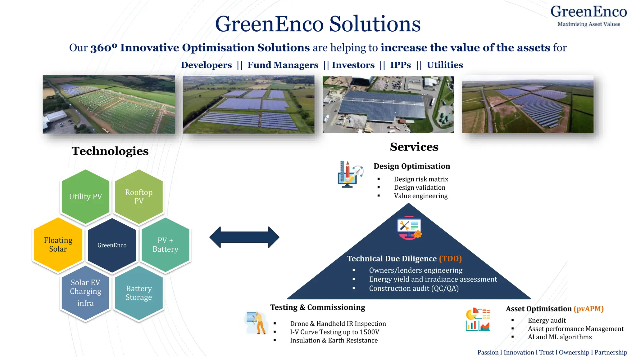 Image result for symbol for Technical Services
GreenEnco Solutions
Image result for symbol for Technical Services
Our 360º Innovative Optimisation Solutions are helping to increase the value of the assets for
Developers || Fund Managers || Investors || IPPs || Utilities
Technical Due Diligence (TDD)
Design Optimisation
Rooftop
PV
Utility PV
GreenEnco
PV +
Battery
Battery
Storage
Solar EV
Charging
infra
Floating
Solar
Services
Technologies
▪ Owners/lenders engineering
▪ Energy yield and irradiance assessment
▪ Construction audit (QC/QA)
▪ Design risk matrix
▪ Design validation
▪ Value engineering
Testing & Commissioning
▪ Drone & Handheld IR Inspection
▪ I-V Curve Testing up to 1500V
▪ Insulation & Earth Resistance
Asset Optimisation (pvAPM)
▪ Energy audit
▪ Asset performance Management
▪ AI and ML algorithms
Passion l Innovation l Trust l Ownership l Partnership
 