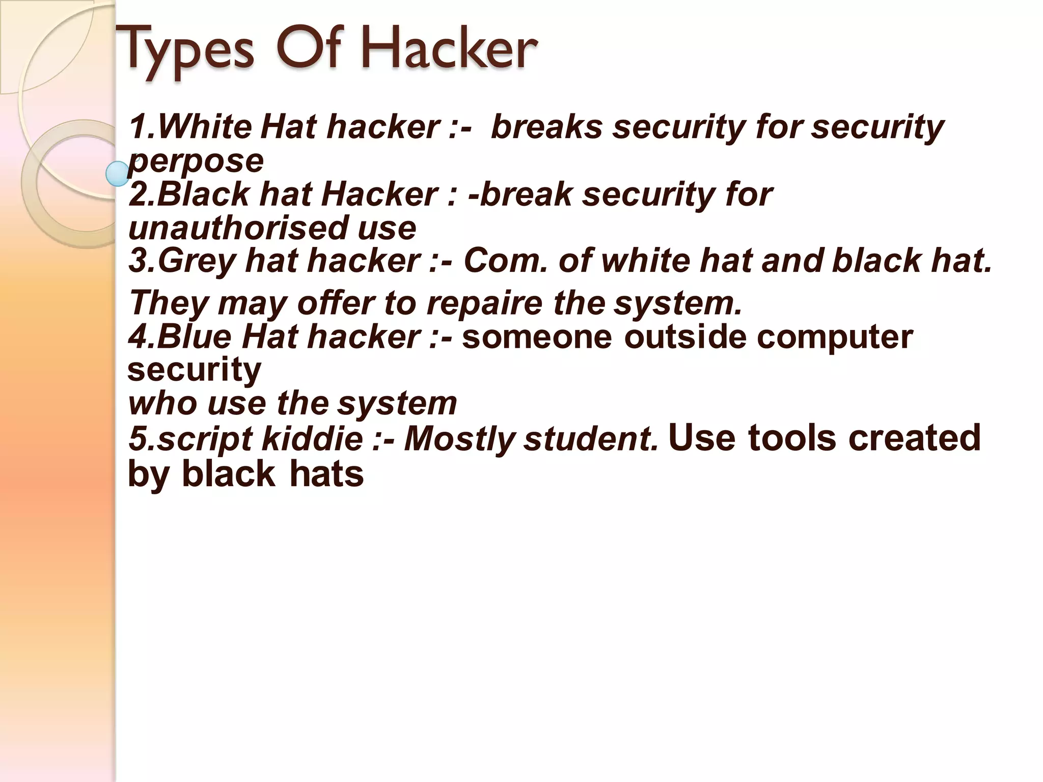 Types Of Hacker
1.White Hat hacker :- breaks security for security
perpose
2.Black hat Hacker : -break security for
unauthorised use
3.Grey hat hacker :- Com. of white hat and black hat.
They may offer to repaire the system.
4.Blue Hat hacker :- someone outside computer
security
who use the system
5.script kiddie :- Mostly student. Use tools created
by black hats
 