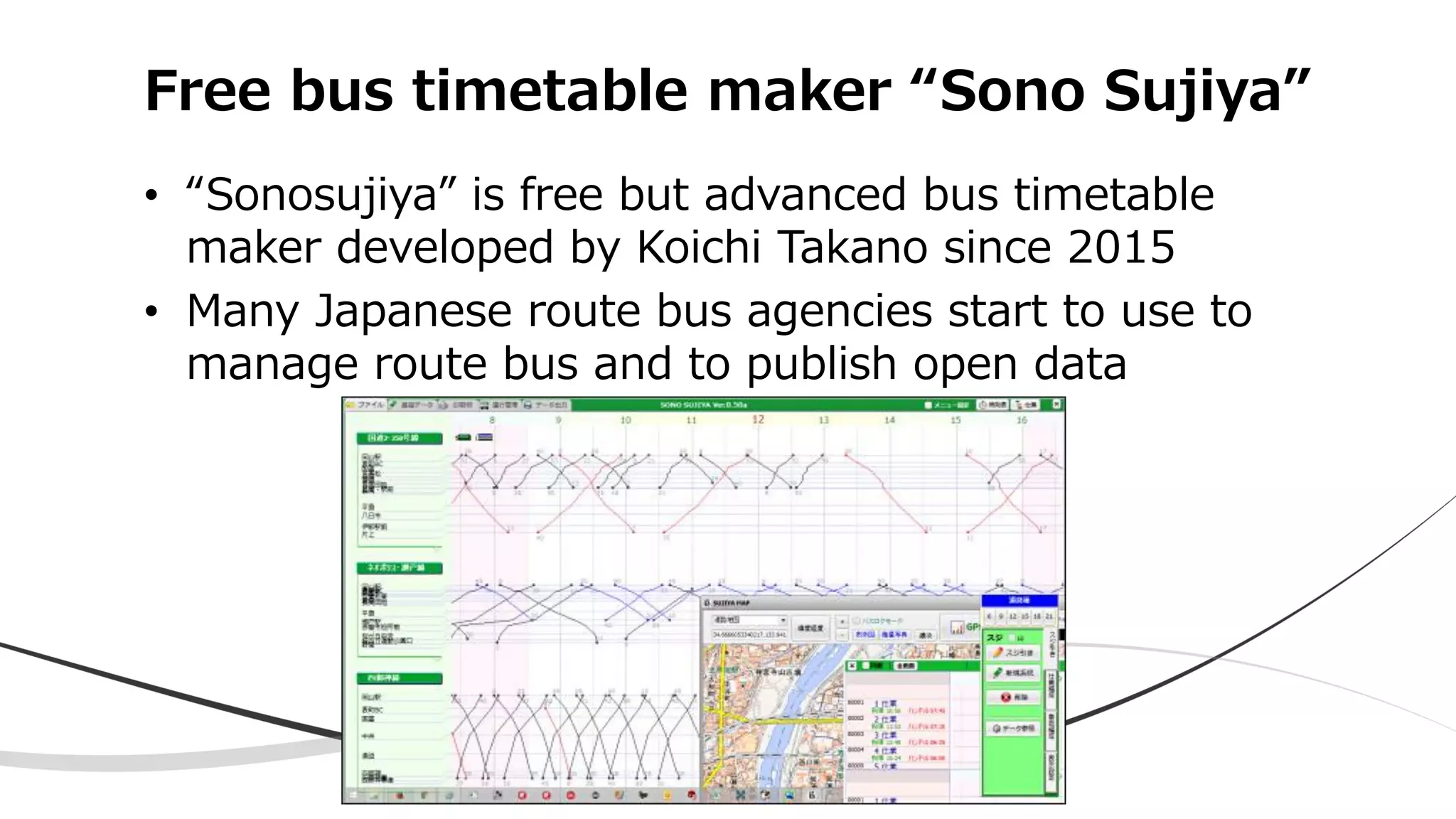 Free bus timetable maker “Sono Sujiya”
• “Sonosujiya” is free but advanced bus timetable
maker developed by Koichi Takano since 2015
• Many Japanese route bus agencies start to use to
manage route bus and to publish open data
 