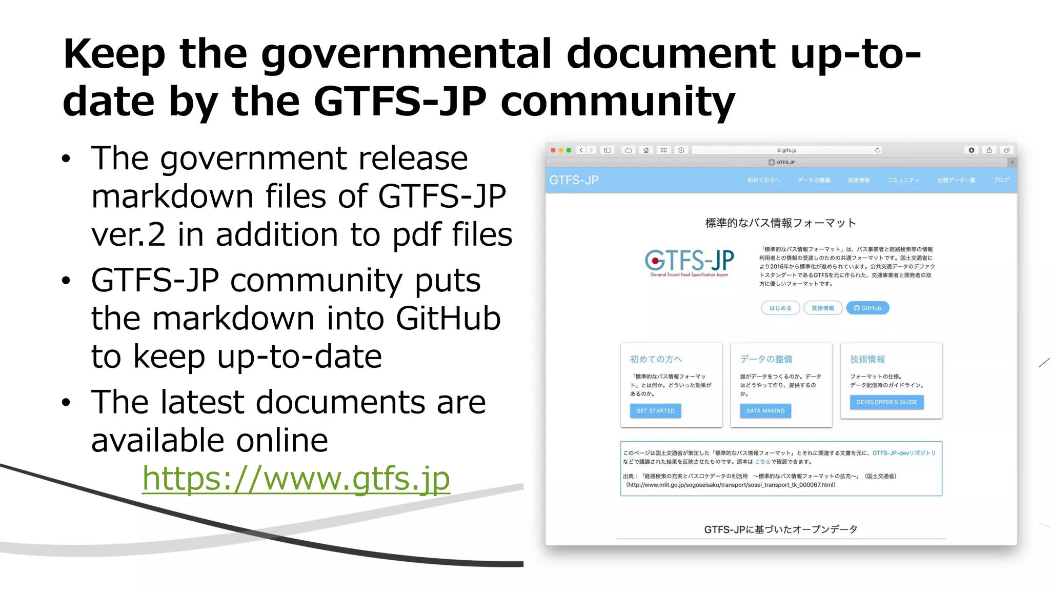 • The government release
markdown files of GTFS-JP
ver.2 in addition to pdf files
• GTFS-JP community puts
the markdown into GitHub
to keep up-to-date
• The latest documents are
available online
https://www.gtfs.jp
Keep the governmental document up-to-
date by the GTFS-JP community
 