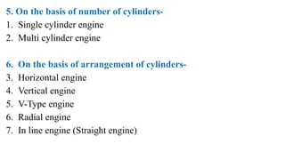 5. On the basis of number of cylinders-
1. Single cylinder engine
2. Multi cylinder engine
6. On the basis of arrangement of cylinders-
3. Horizontal engine
4. Vertical engine
5. V-Type engine
6. Radial engine
7. In line engine (Straight engine)
 