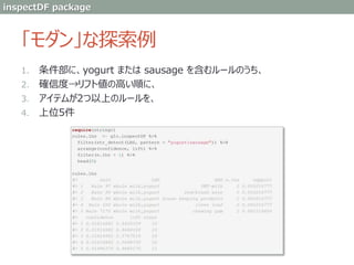 「モダン」な探索例
1. 条件部に、yogurt または sausage を含むルールのうち、
2. 確信度→リフト値の高い順に、
3. アイテムが2つ以上のルールを、
4. 上位5件
inspectDF package
 