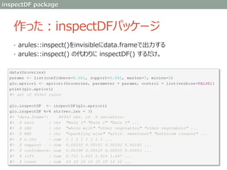 作った：inspectDFパッケージ
• arules::inspect()をinvisibleにdata.frameで出力する
• arules::inspect() の代わりに inspectDF() するだけ。
inspectDF package
 