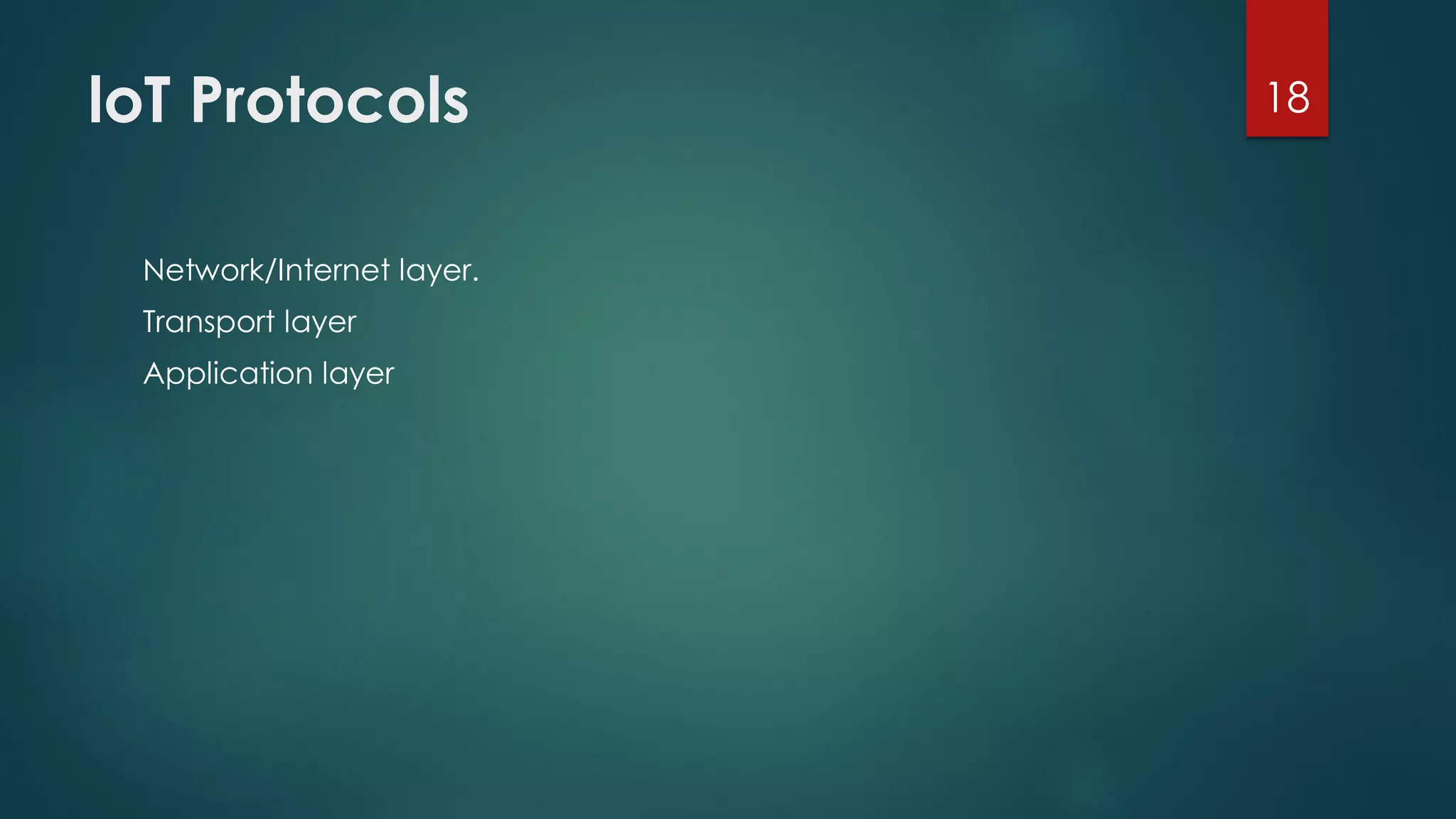 loT Protocols
Network/Internet layer.
Transport layer
Application layer
18
 
