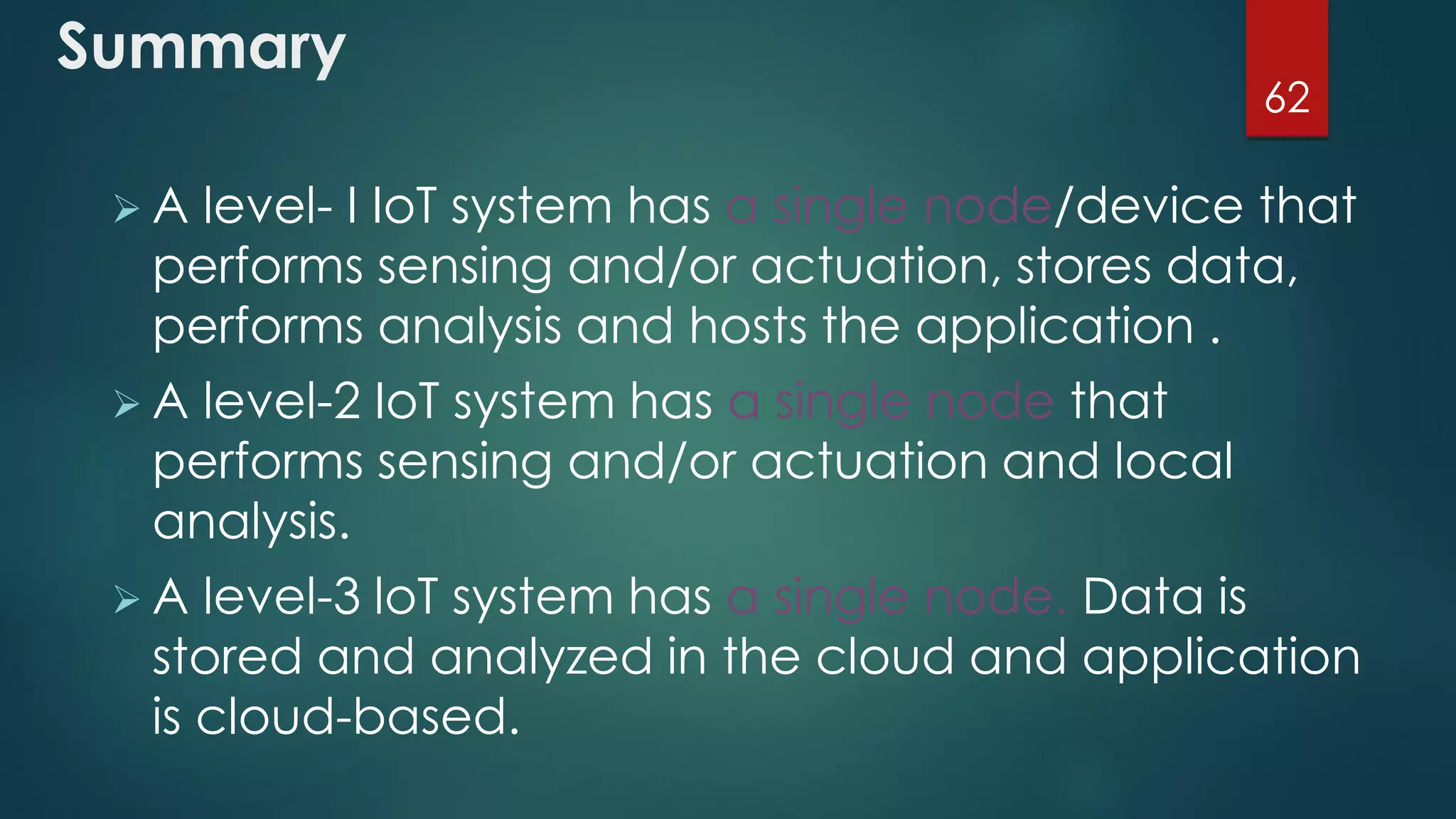 Summary
 A level- I IoT system has a single node/device that
performs sensing and/or actuation, stores data,
performs analysis and hosts the application .
 A level-2 IoT system has a single node that
performs sensing and/or actuation and local
analysis.
 A level-3 loT system has a single node. Data is
stored and analyzed in the cloud and application
is cloud-based.
62
 