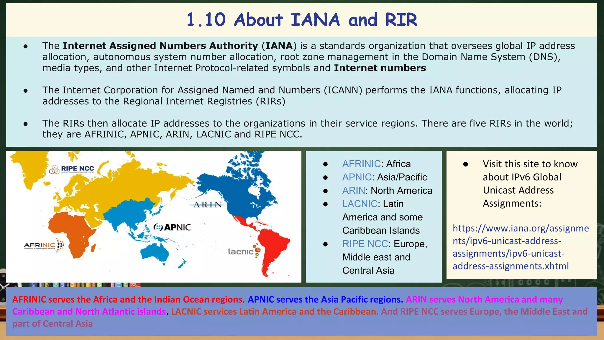 ● The Internet Assigned Numbers Authority (IANA) is a standards organization that oversees global IP address
allocation, autonomous system number allocation, root zone management in the Domain Name System (DNS),
media types, and other Internet Protocol-related symbols and Internet numbers
● The Internet Corporation for Assigned Named and Numbers (ICANN) performs the IANA functions, allocating IP
addresses to the Regional Internet Registries (RIRs)
● The RIRs then allocate IP addresses to the organizations in their service regions. There are five RIRs in the world;
they are AFRINIC, APNIC, ARIN, LACNIC and RIPE NCC.
● AFRINIC: Africa
● APNIC: Asia/Pacific
● ARIN: North America
● LACNIC: Latin
America and some
Caribbean Islands
● RIPE NCC: Europe,
Middle east and
Central Asia
● Visit this site to know
about IPv6 Global
Unicast Address
Assignments:
https://www.iana.org/assignme
nts/ipv6-unicast-address-
assignments/ipv6-unicast-
address-assignments.xhtml
AFRINIC serves the Africa and the Indian Ocean regions. APNIC serves the Asia Pacific regions. ARIN serves North America and many
Caribbean and North Atlantic islands. LACNIC services Latin America and the Caribbean. And RIPE NCC serves Europe, the Middle East and
part of Central Asia
1.10 About IANA and RIR
 