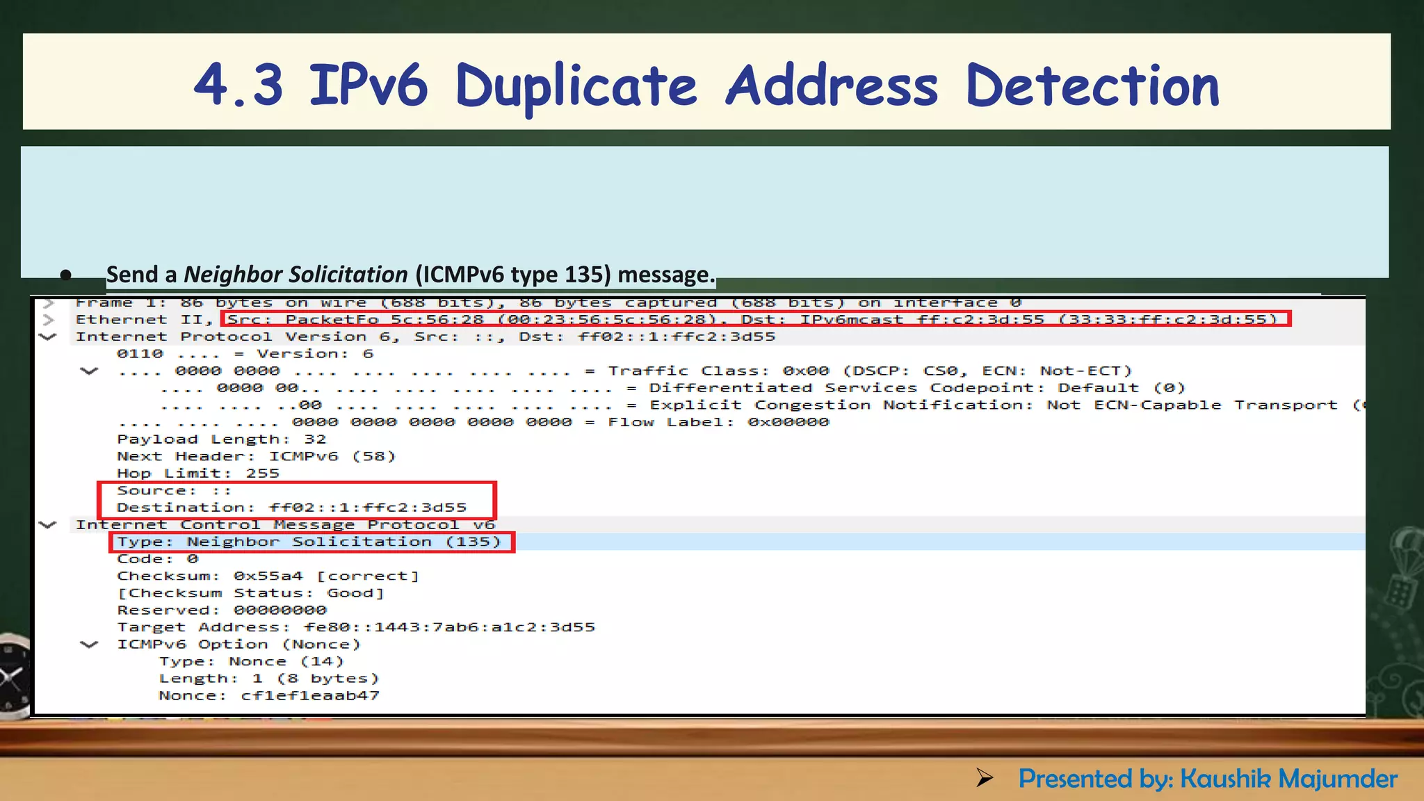 ● Send a Neighbor Solicitation (ICMPv6 type 135) message.
● Use the unspecified address as source address, the requested unicast addresses Solicited-Node multicast address
(SNMA), as target address and put the to-be-used unicast address as target address into the ICMPv6 payload.
4.3 IPv6 Duplicate Address Detection
➢ Presented by: Kaushik Majumder
 