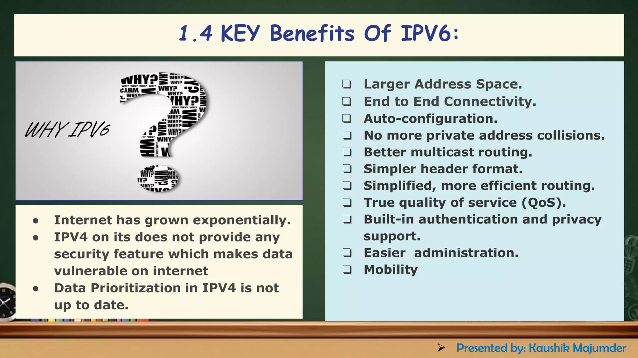 ❏ Larger Address Space.
❏ End to End Connectivity.
❏ Auto-configuration.
❏ No more private address collisions.
❏ Better multicast routing.
❏ Simpler header format.
❏ Simplified, more efficient routing.
❏ True quality of service (QoS).
❏ Built-in authentication and privacy
support.
❏ Easier administration.
❏ Mobility
WHY IPV6
● Internet has grown exponentially.
● IPV4 on its does not provide any
security feature which makes data
vulnerable on internet
● Data Prioritization in IPV4 is not
up to date.
1.4 KEY Benefits Of IPV6:
➢ Presented by: Kaushik Majumder
 
