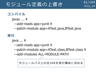 モジュール定義の上書き #ccc_e4
javac ... ¥
--add-reads app=junit ¥
--patch-module app=ATest.java,BTest.java
java ... ¥
--add-reads ap...