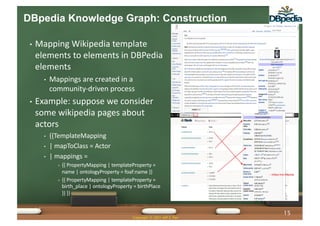 DBpedia Knowledge Graph: Construction
15
• Mapping Wikipedia template
elements to elements in DBPedia
elements
• Mappings are created in a
community-driven process
• Example: suppose we consider
some wikipedia pages about
actors
• {{TemplateMapping
• | mapToClass = Actor
• | mappings =
• {{ PropertyMapping | templateProperty =
name | ontologyProperty = foaf:name }}
• {{ PropertyMapping | templateProperty =
birth_place | ontologyProperty = birthPlace
}} }}
Copyright © 2021 Jeff Z. Pan
15
 