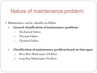 Nature of maintenance problem:
 