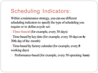 Scheduling Indicators:
Within amaintenancestrategy, youcanusedifferent
schedulingindicators to specifythe type ofschedulingyou
require or to defineacycle set:
Time-based (for example, every30 days)
Time-basedbykeydate (for example, every30 dayson t
h
e
30th dayofthe month)
Time-basedbyfactory calendar(for example, every3
0
working days)
 Performance-based(for example, every50 operating hours)
 