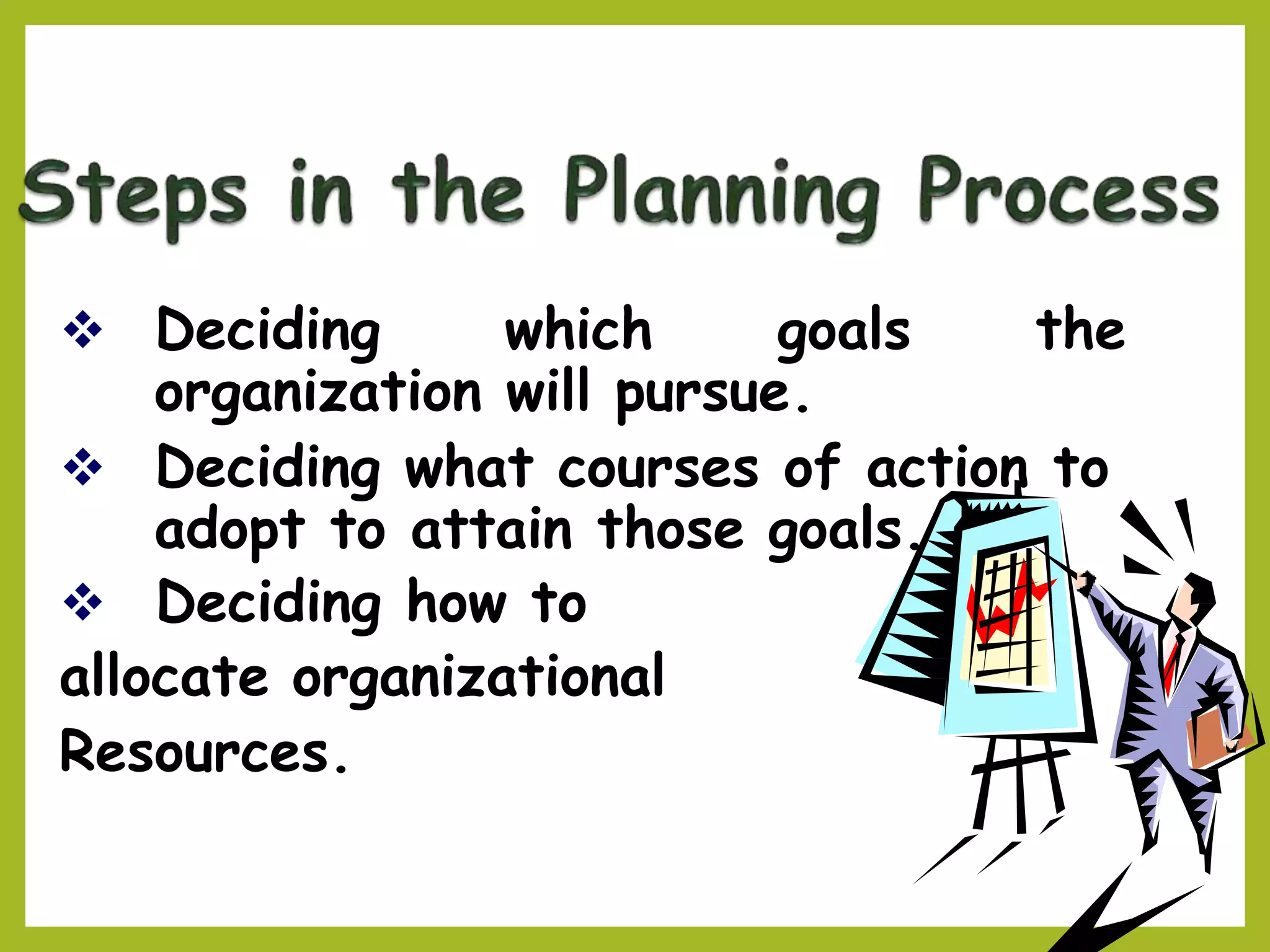  Deciding which goals the
organization will pursue.
 Deciding what courses of action to
adopt to attain those goals.
 Deciding how to
allocate organizational
Resources.
 