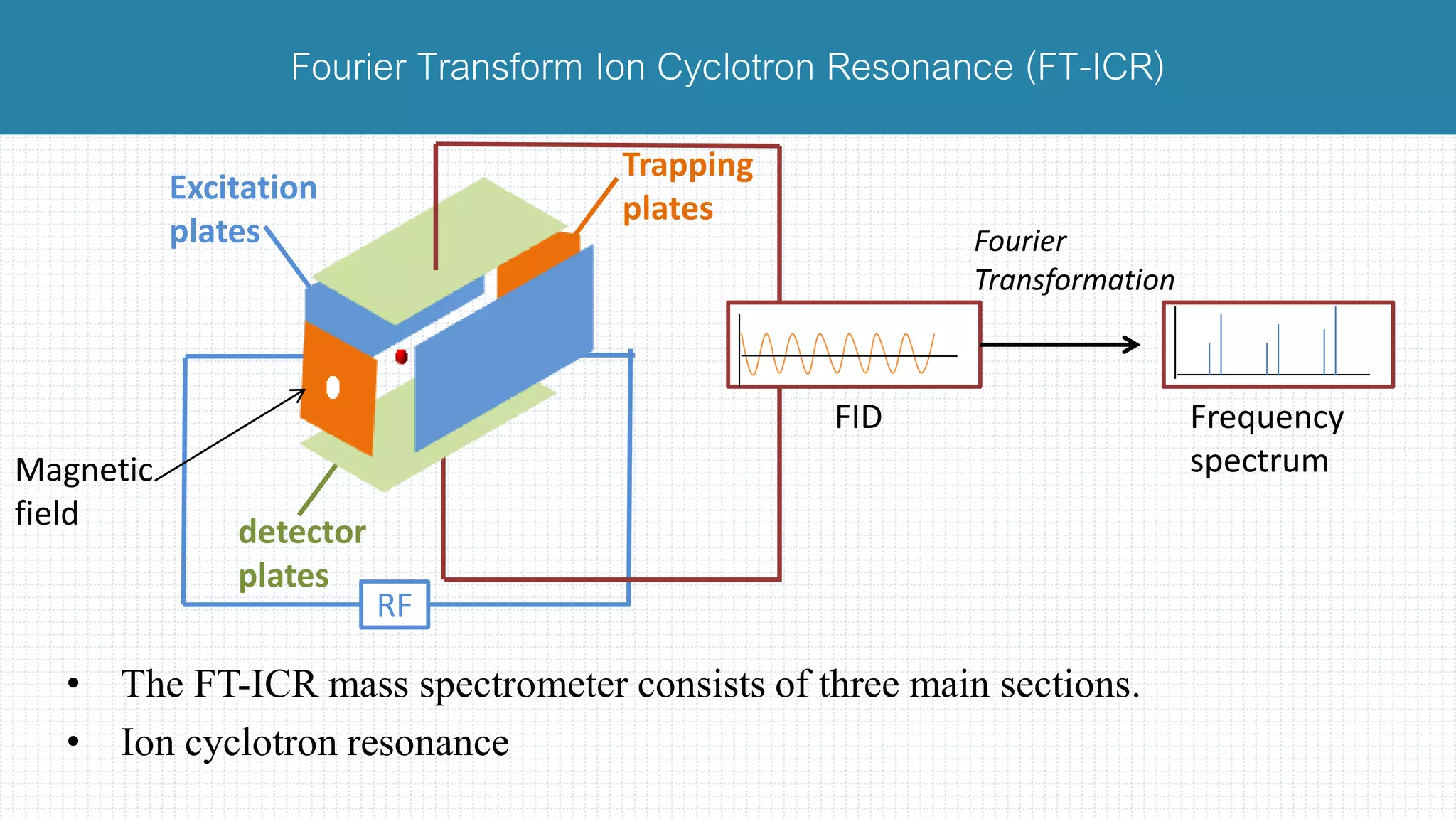 • The FT-ICR mass spectrometer consists of three main sections.
• Ion cyclotron resonance
Fourier Transform Ion Cyclotron Resonance (FT-ICR)
Excitation
plates
detector
plates
Trapping
plates
Magnetic
field
FID Frequency
spectrum
Fourier
Transformation
RF
 
