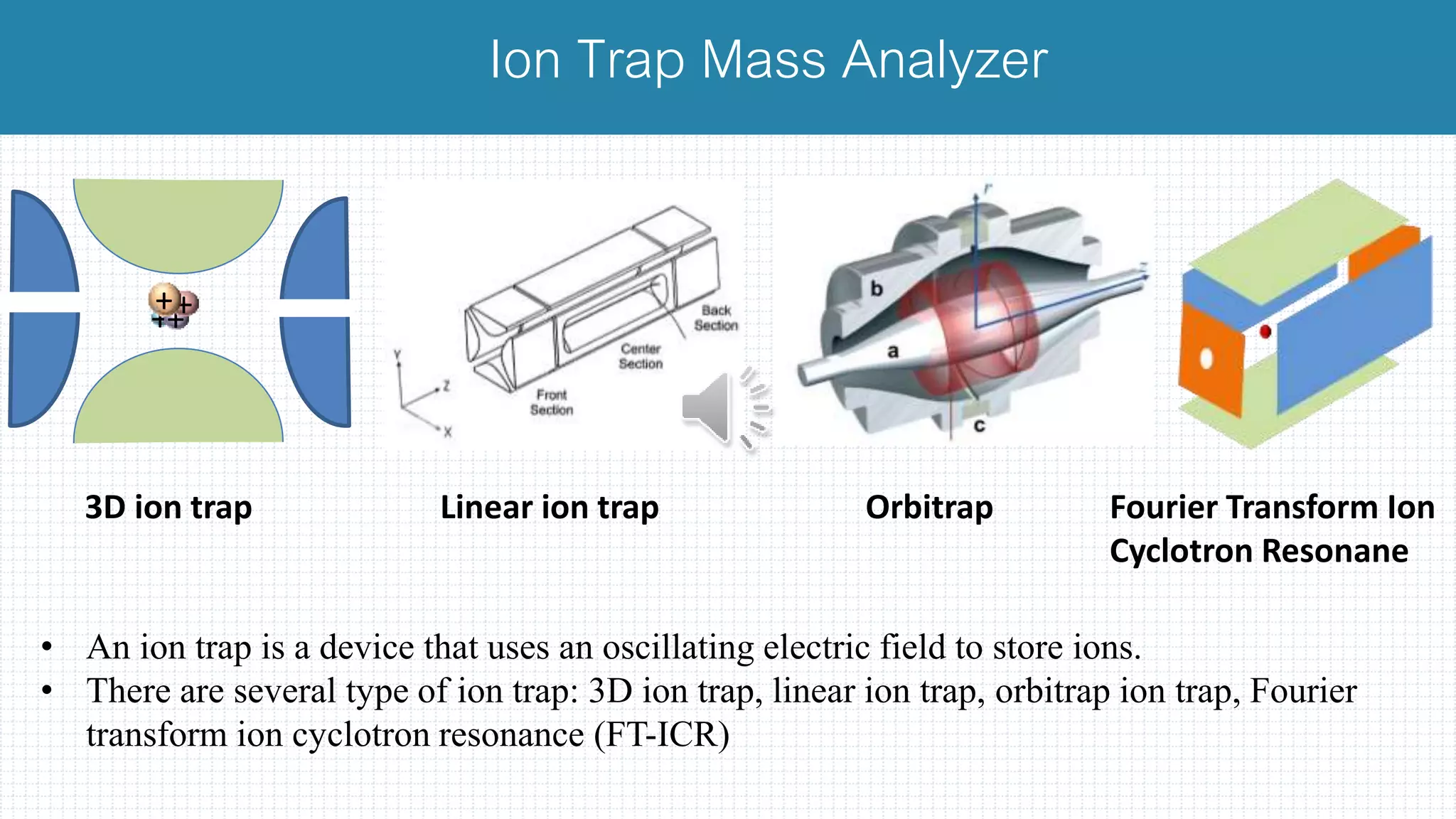 • An ion trap is a device that uses an oscillating electric field to store ions.
• There are several type of ion trap: 3D ion trap, linear ion trap, orbitrap ion trap, Fourier
transform ion cyclotron resonance (FT-ICR)
Ion Trap Mass Analyzer
++++
3D ion trap OrbitrapLinear ion trap Fourier Transform Ion
Cyclotron Resonane
 