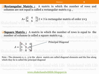 Matrices                   8

Rectangular Matrix : A matrix in which the number of rows and
 columns are not equal is called a rectangular matrix e.g. ,

                         2   4 5
                    A=           2 × 3 is rectangular matrix of order 2×3
                         4   6 7



Square Matrix : A matrix in which the number of rows is equal to the
 number of columns is called a square matrix e.g.

                                               Principal Diagonal
                2      3 4
             𝐴= 3      2 5
                7      8 5

Note : The elements 2, 2 , 5 in the above matrix are called diagonal elements and the line along
which they lie is called the principal diagonal




                          www.shakehandwithlife.blogspot.in
 