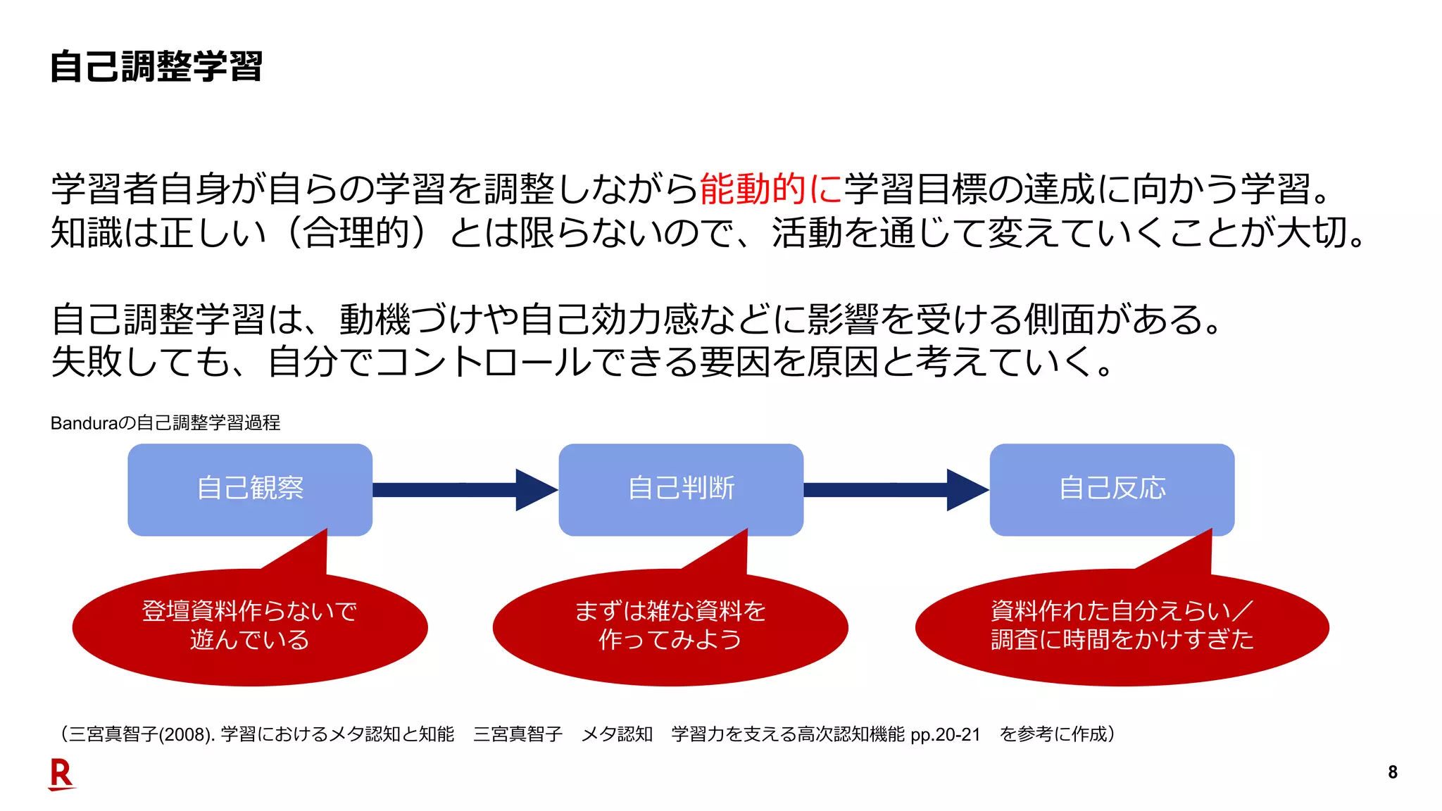 8
⾃⼰調整学習
学習者⾃⾝が⾃らの学習を調整しながら能動的に学習⽬標の達成に向かう学習。
知識は正しい（合理的）とは限らないので、活動を通じて変えていくことが⼤切。
⾃⼰調整学習は、動機づけや⾃⼰効⼒感などに影響を受ける側⾯がある。
失敗しても、⾃分でコントロールできる要因を原因と考えていく。
⾃⼰観察 ⾃⼰判断 ⾃⼰反応
登壇資料作らないで
遊んでいる
まずは雑な資料を
作ってみよう
資料作れた⾃分えらい／
調査に時間をかけすぎた
Banduraの⾃⼰調整学習過程
（三宮真智⼦(2008). 学習におけるメタ認知と知能 三宮真智⼦ メタ認知 学習⼒を⽀える⾼次認知機能 pp.20-21 を参考に作成）
 