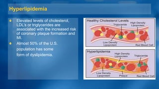 Hyperlipidemia
Elevated levels of cholesterol,
LDL’s or triglycerides are
associated with the increased risk
of coronary plaque formation and
MI.
Almost 50% of the U.S.
population has some
form of dyslipidemia.
 