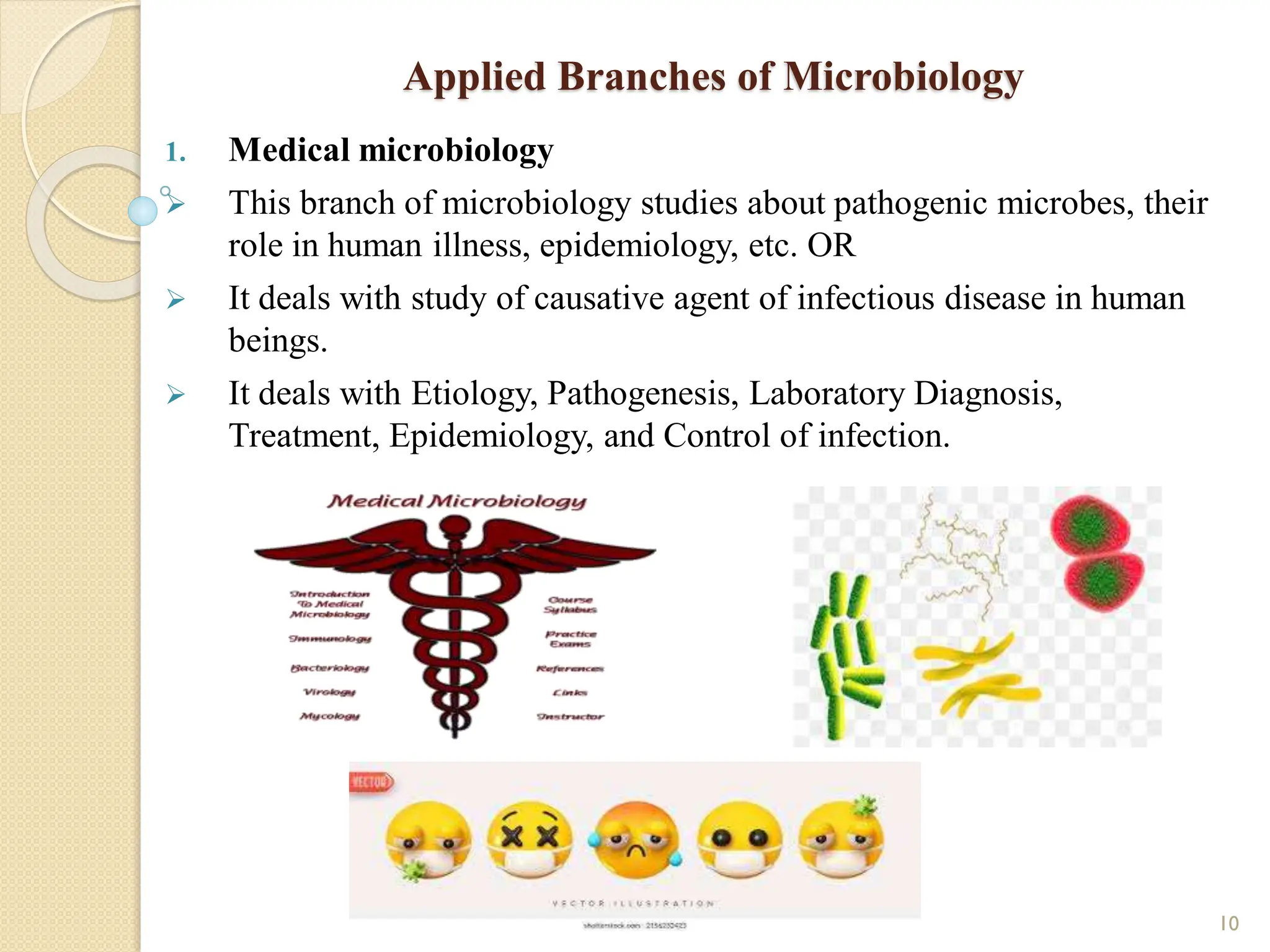 Applied Branches of Microbiology
1. Medical microbiology
 This branch of microbiology studies about pathogenic microbes, their
role in human illness, epidemiology, etc. OR
 It deals with study of causative agent of infectious disease in human
beings.
 It deals with Etiology, Pathogenesis, Laboratory Diagnosis,
Treatment, Epidemiology, and Control of infection.
10
 
