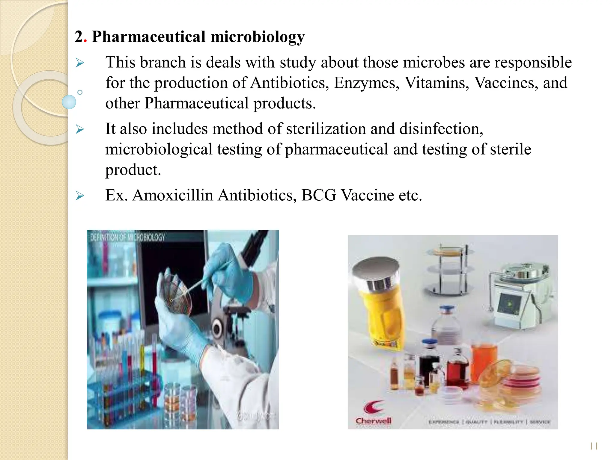 2. Pharmaceutical microbiology
 This branch is deals with study about those microbes are responsible
for the production of Antibiotics, Enzymes, Vitamins, Vaccines, and
other Pharmaceutical products.
 It also includes method of sterilization and disinfection,
microbiological testing of pharmaceutical and testing of sterile
product.
 Ex. Amoxicillin Antibiotics, BCG Vaccine etc.
11
 