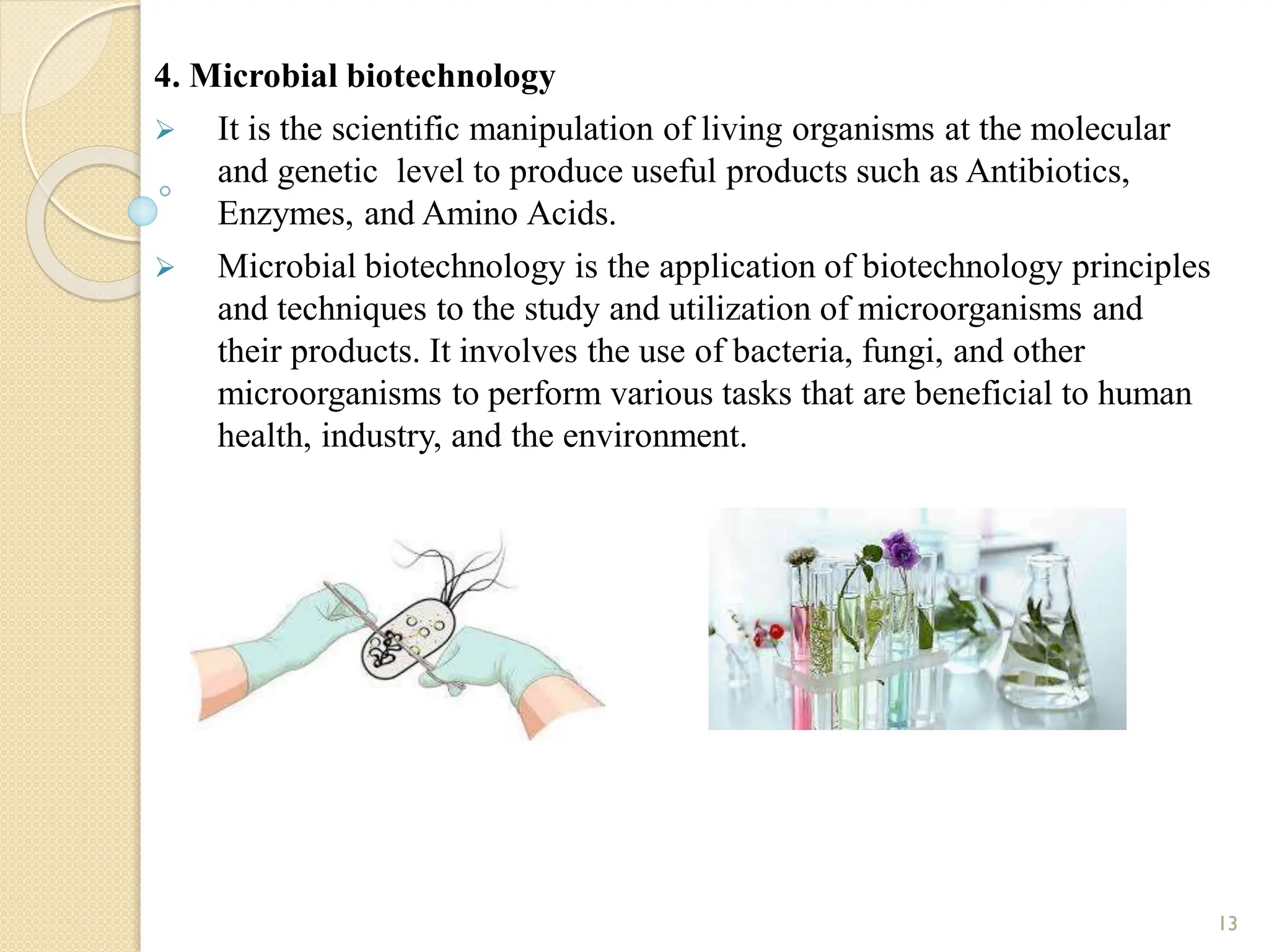 4. Microbial biotechnology
 It is the scientific manipulation of living organisms at the molecular
and genetic level to produce useful products such as Antibiotics,
Enzymes, and Amino Acids.
 Microbial biotechnology is the application of biotechnology principles
and techniques to the study and utilization of microorganisms and
their products. It involves the use of bacteria, fungi, and other
microorganisms to perform various tasks that are beneficial to human
health, industry, and the environment.
13
 