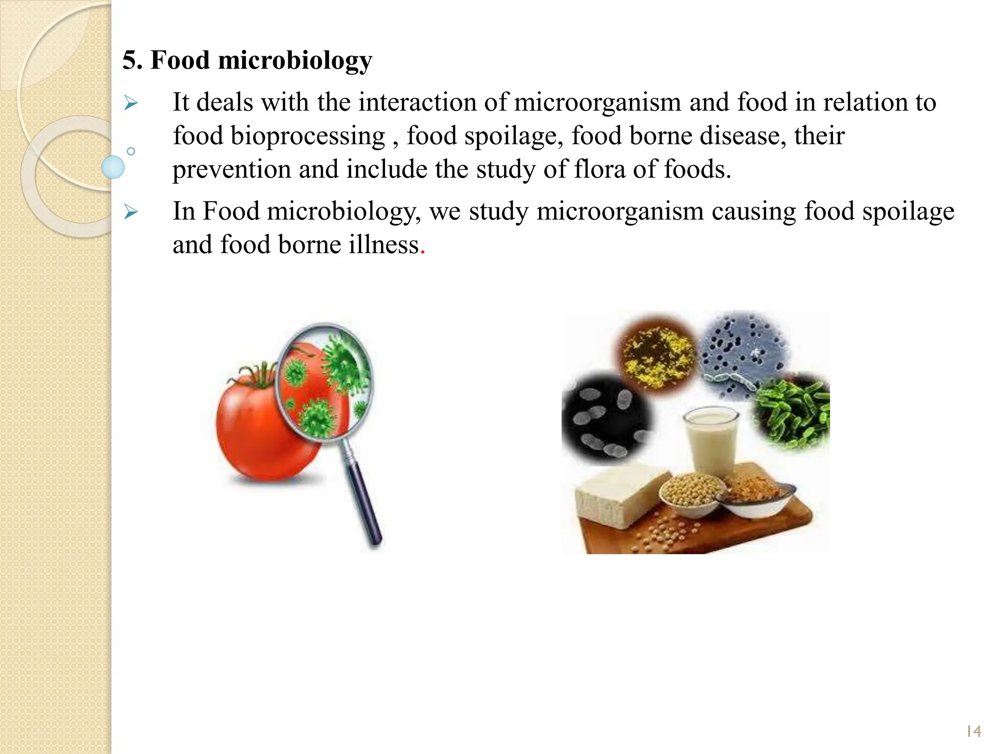 5. Food microbiology
 It deals with the interaction of microorganism and food in relation to
food bioprocessing , food spoilage, food borne disease, their
prevention and include the study of flora of foods.
 In Food microbiology, we study microorganism causing food spoilage
and food borne illness.
14
 