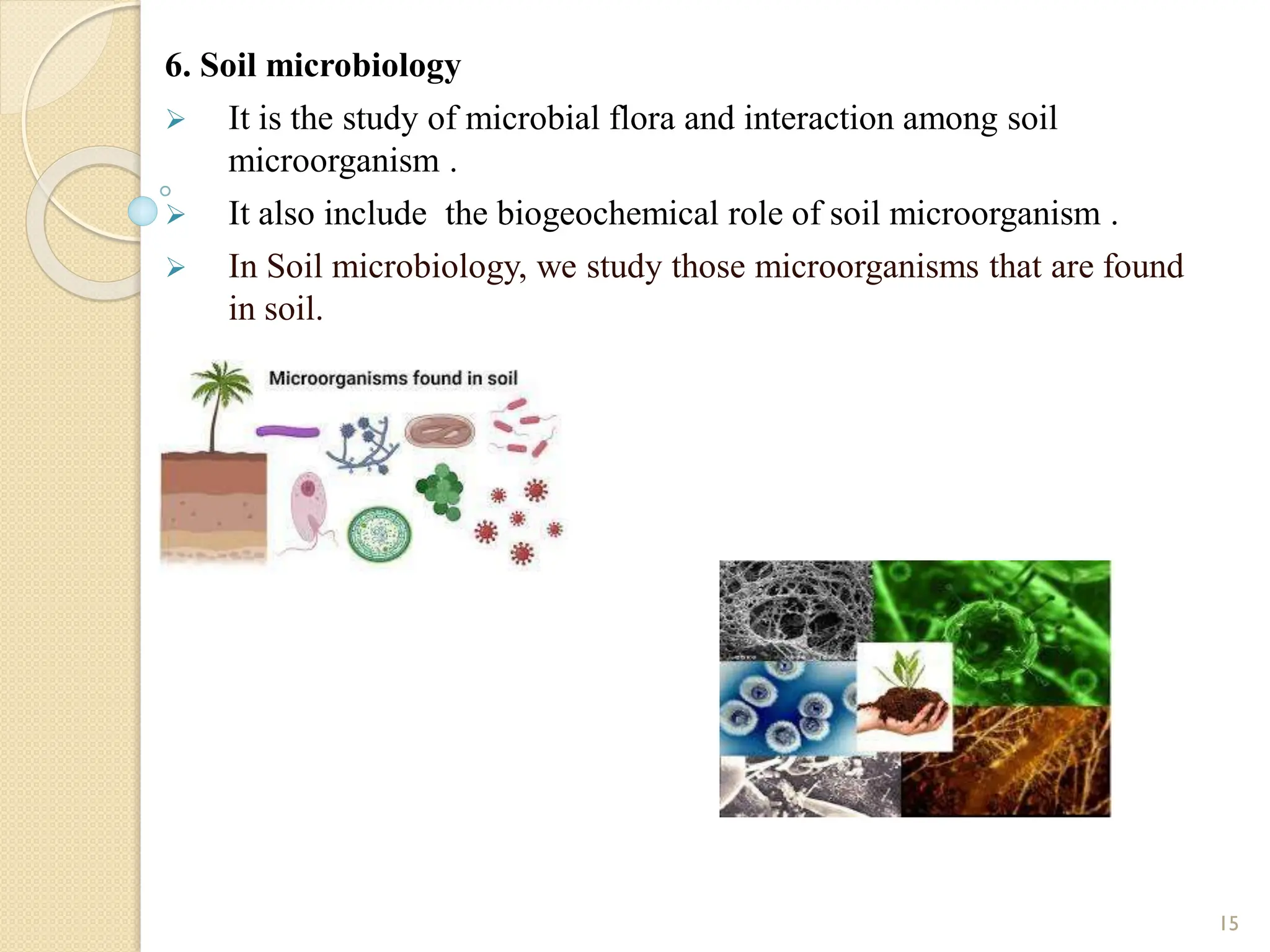 6. Soil microbiology
 It is the study of microbial flora and interaction among soil
microorganism .
 It also include the biogeochemical role of soil microorganism .
 In Soil microbiology, we study those microorganisms that are found
in soil.
15
 