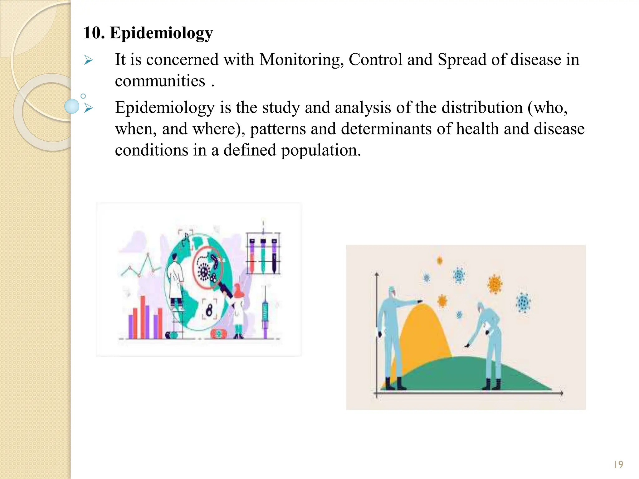 10. Epidemiology
 It is concerned with Monitoring, Control and Spread of disease in
communities .
 Epidemiology is the study and analysis of the distribution (who,
when, and where), patterns and determinants of health and disease
conditions in a defined population.
19
 