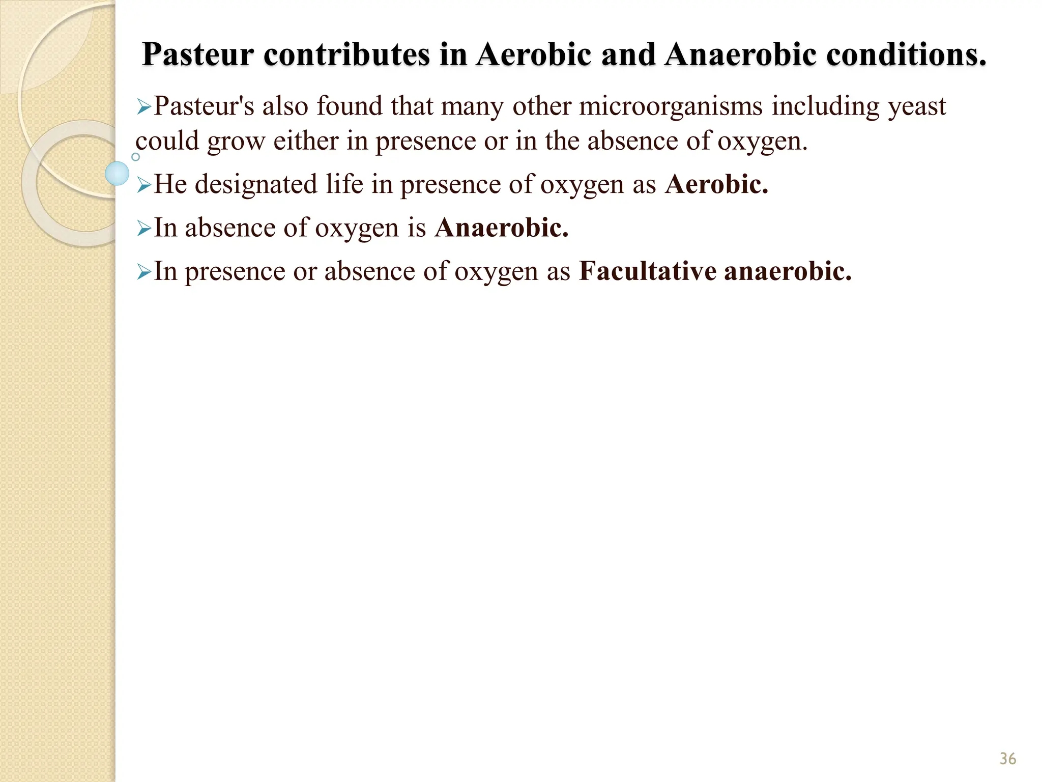 Pasteur contributes in Aerobic and Anaerobic conditions.
Pasteur's also found that many other microorganisms including yeast
could grow either in presence or in the absence of oxygen.
He designated life in presence of oxygen as Aerobic.
In absence of oxygen is Anaerobic.
In presence or absence of oxygen as Facultative anaerobic.
36
 