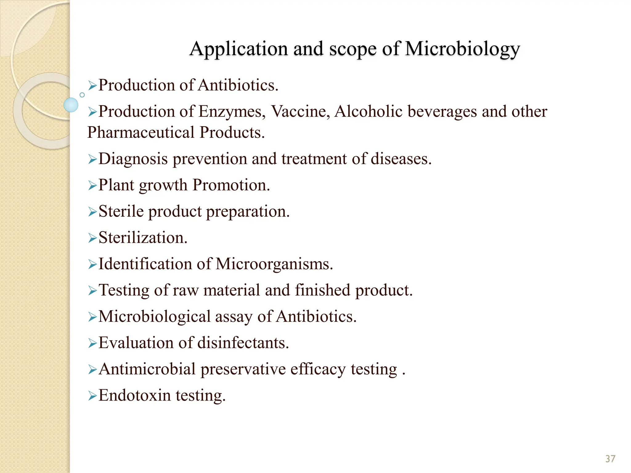 Application and scope of Microbiology
Production of Antibiotics.
Production of Enzymes, Vaccine, Alcoholic beverages and other
Pharmaceutical Products.
Diagnosis prevention and treatment of diseases.
Plant growth Promotion.
Sterile product preparation.
Sterilization.
Identification of Microorganisms.
Testing of raw material and finished product.
Microbiological assay of Antibiotics.
Evaluation of disinfectants.
Antimicrobial preservative efficacy testing .
Endotoxin testing.
37
 