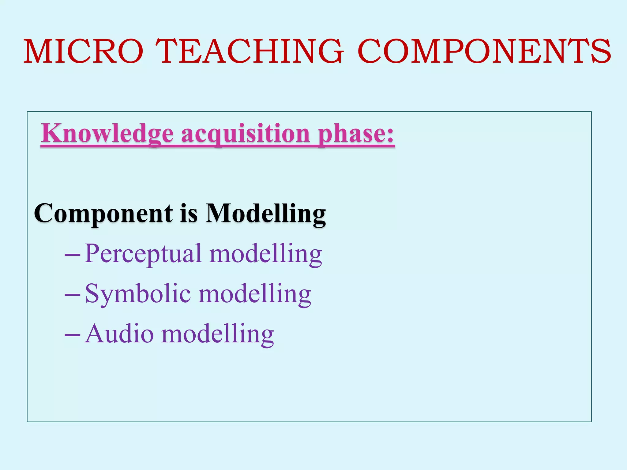 MICRO TEACHING COMPONENTS
Knowledge acquisition phase:
Component is Modelling
–Perceptual modelling
–Symbolic modelling
–Audio modelling
 