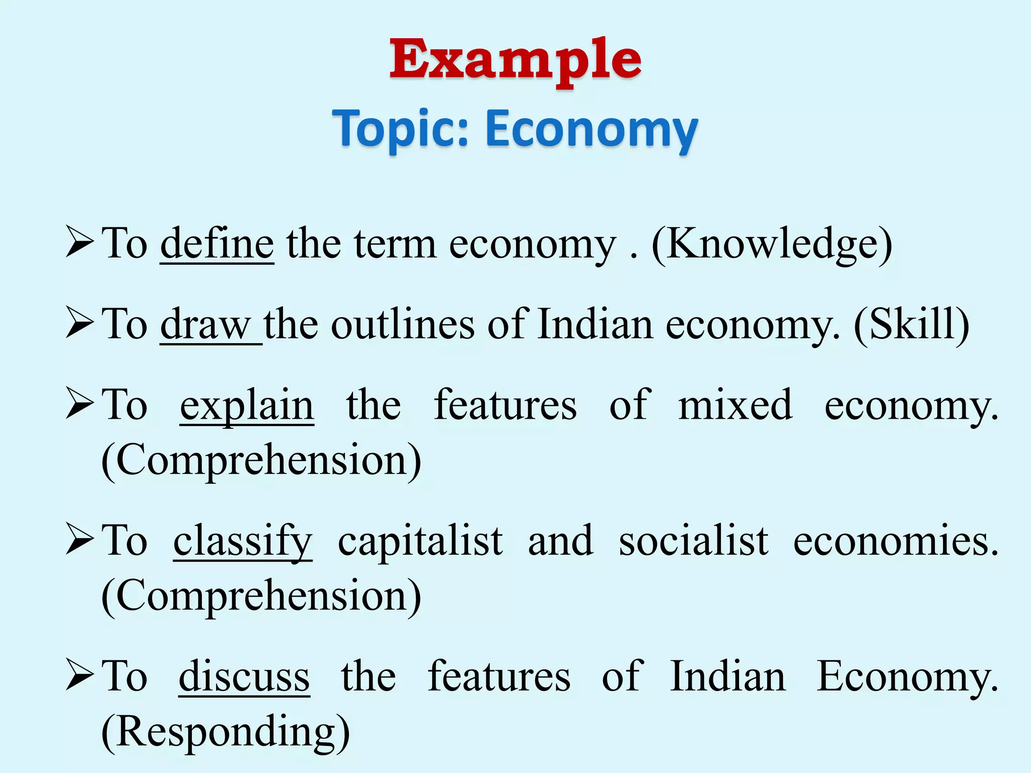 Example
Topic: Economy
To define the term economy . (Knowledge)
To draw the outlines of Indian economy. (Skill)
To explain the features of mixed economy.
(Comprehension)
To classify capitalist and socialist economies.
(Comprehension)
To discuss the features of Indian Economy.
(Responding)
 