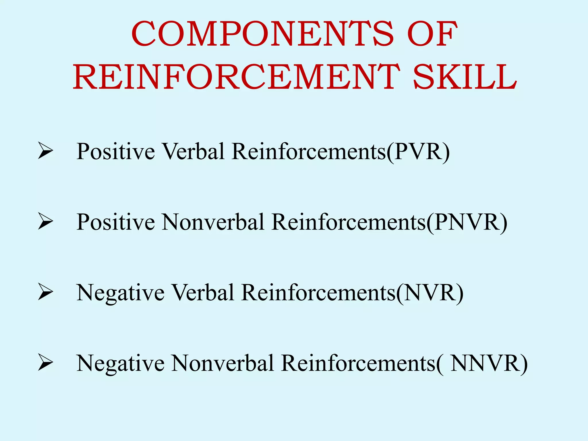 COMPONENTS OF
REINFORCEMENT SKILL
 Positive Verbal Reinforcements(PVR)
 Positive Nonverbal Reinforcements(PNVR)
 Negative Verbal Reinforcements(NVR)
 Negative Nonverbal Reinforcements( NNVR)
 