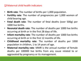  Maternal child health indicators
• Birth rate: The number of births per 1,000 population.
• Fertility rate: The number o...