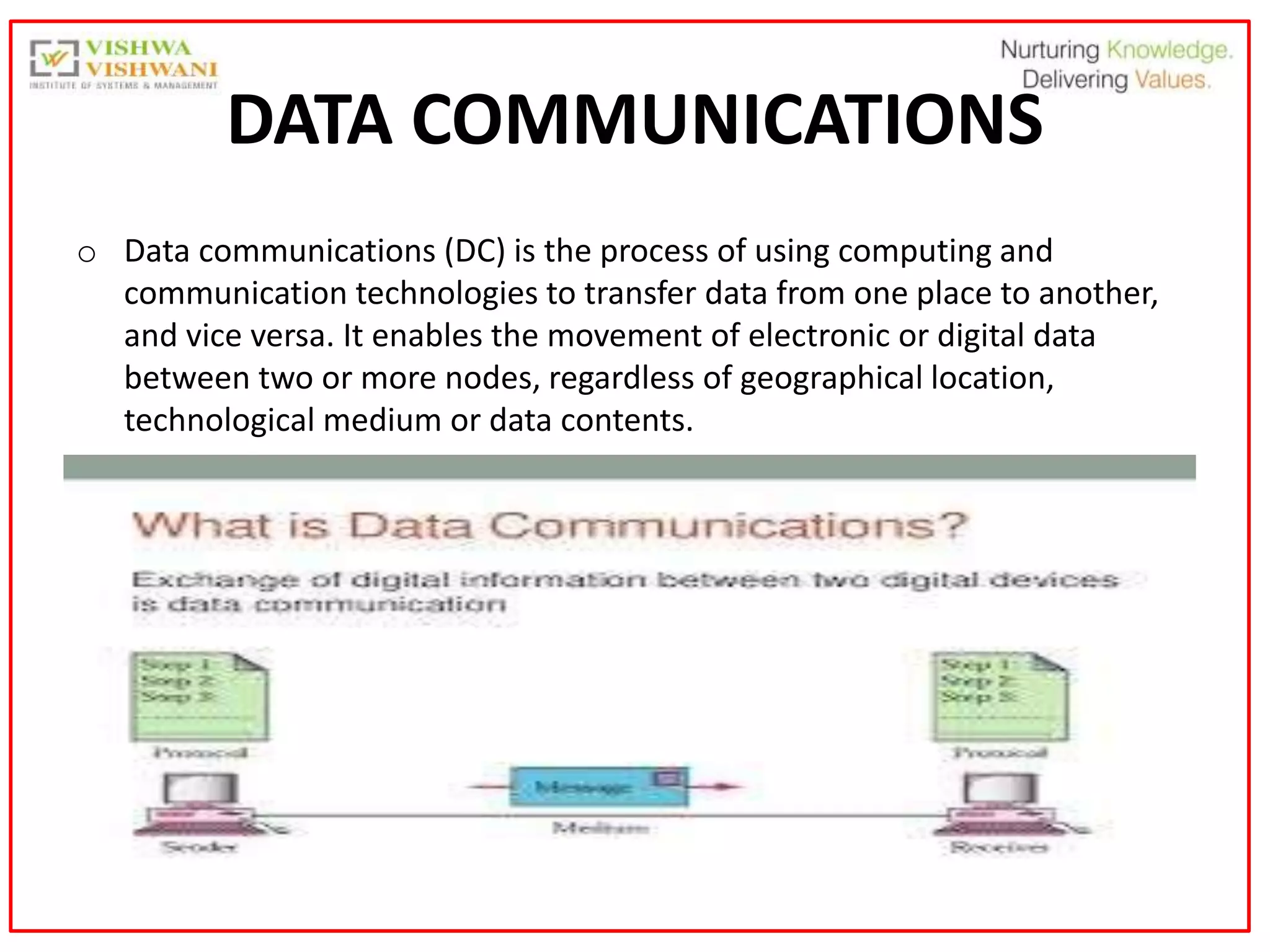 30
DATA COMMUNICATIONS
o Data communications (DC) is the process of using computing and
communication technologies to transfer data from one place to another,
and vice versa. It enables the movement of electronic or digital data
between two or more nodes, regardless of geographical location,
technological medium or data contents.
 