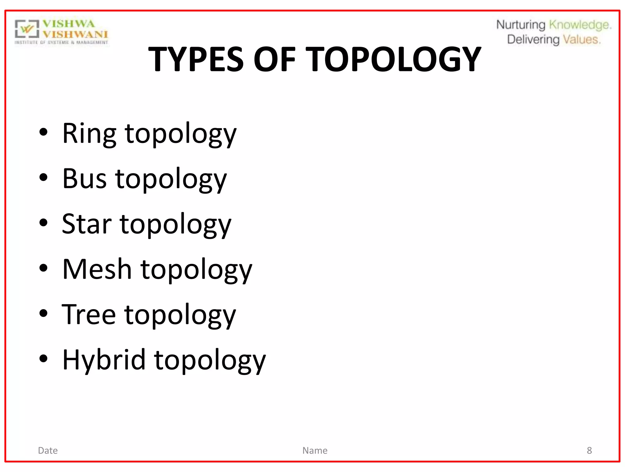 Date Name 8
TYPES OF TOPOLOGY
• Ring topology
• Bus topology
• Star topology
• Mesh topology
• Tree topology
• Hybrid topology
 
