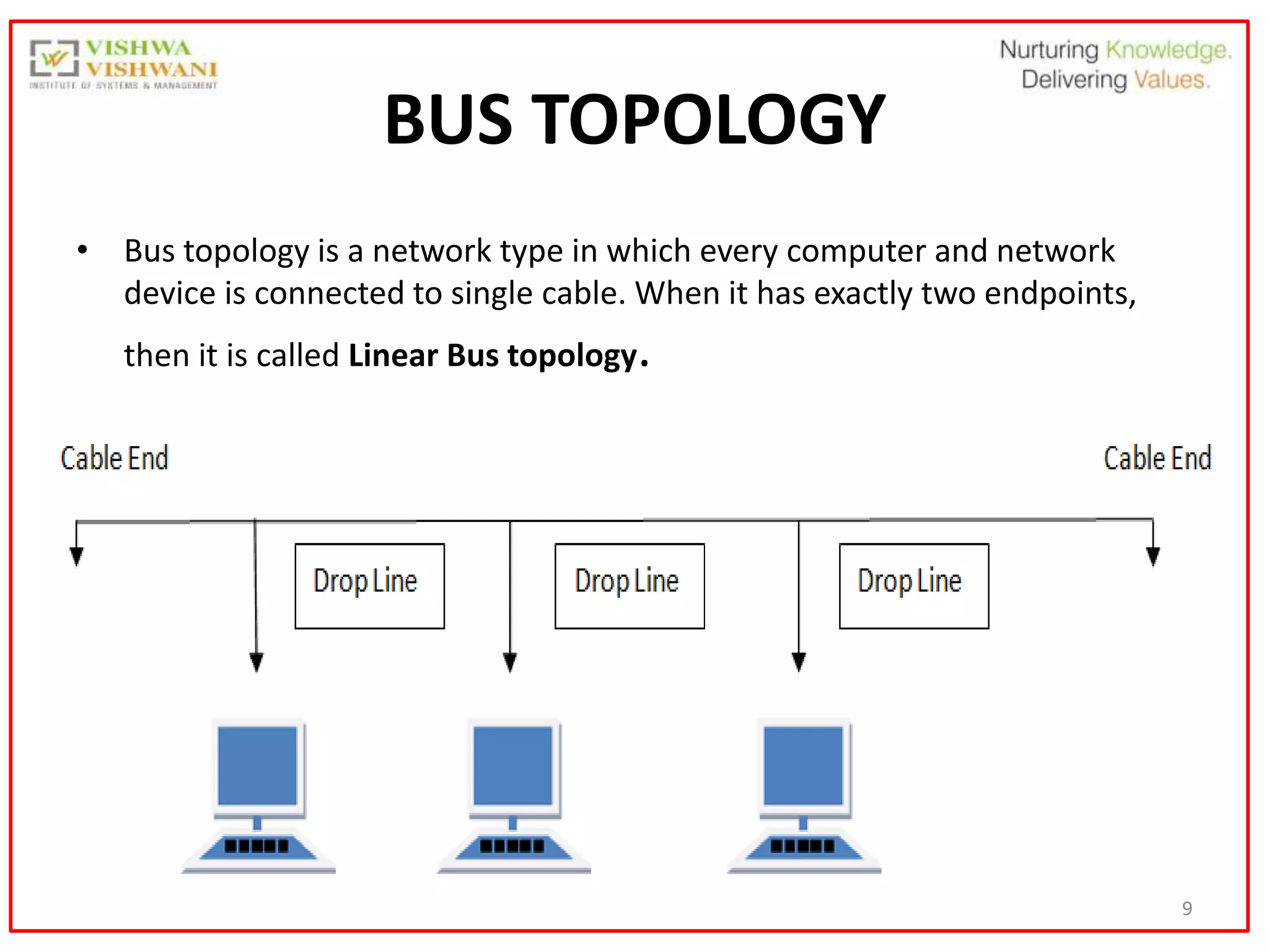9
BUS TOPOLOGY
• Bus topology is a network type in which every computer and network
device is connected to single cable. When it has exactly two endpoints,
then it is called Linear Bus topology.
 
