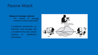 Passive Attack
• Release of message contents:
o The release of message
contents is easily understood.
A telephone conversation, an
electronic mail message, and
a transferred file may contain
sensitive or confidential
information.
 