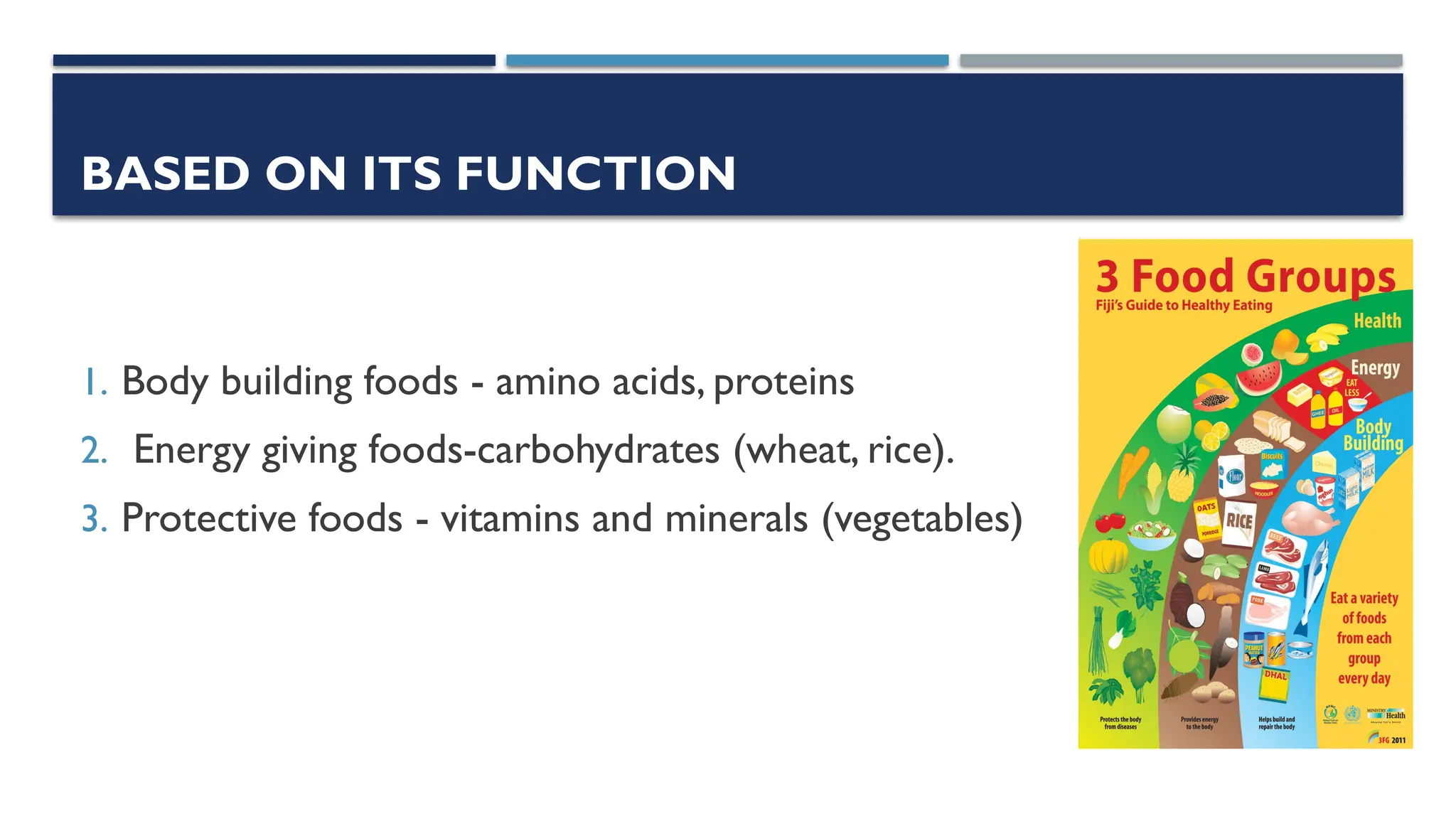 BASED ON ITS FUNCTION
1. Body building foods - amino acids, proteins
2. Energy giving foods-carbohydrates (wheat, rice).
3. Protective foods - vitamins and minerals (vegetables)
 