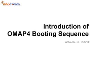 Introduction of
OMAP4 Booting Sequence
                Jiahe Jou, 2012/09/13
 