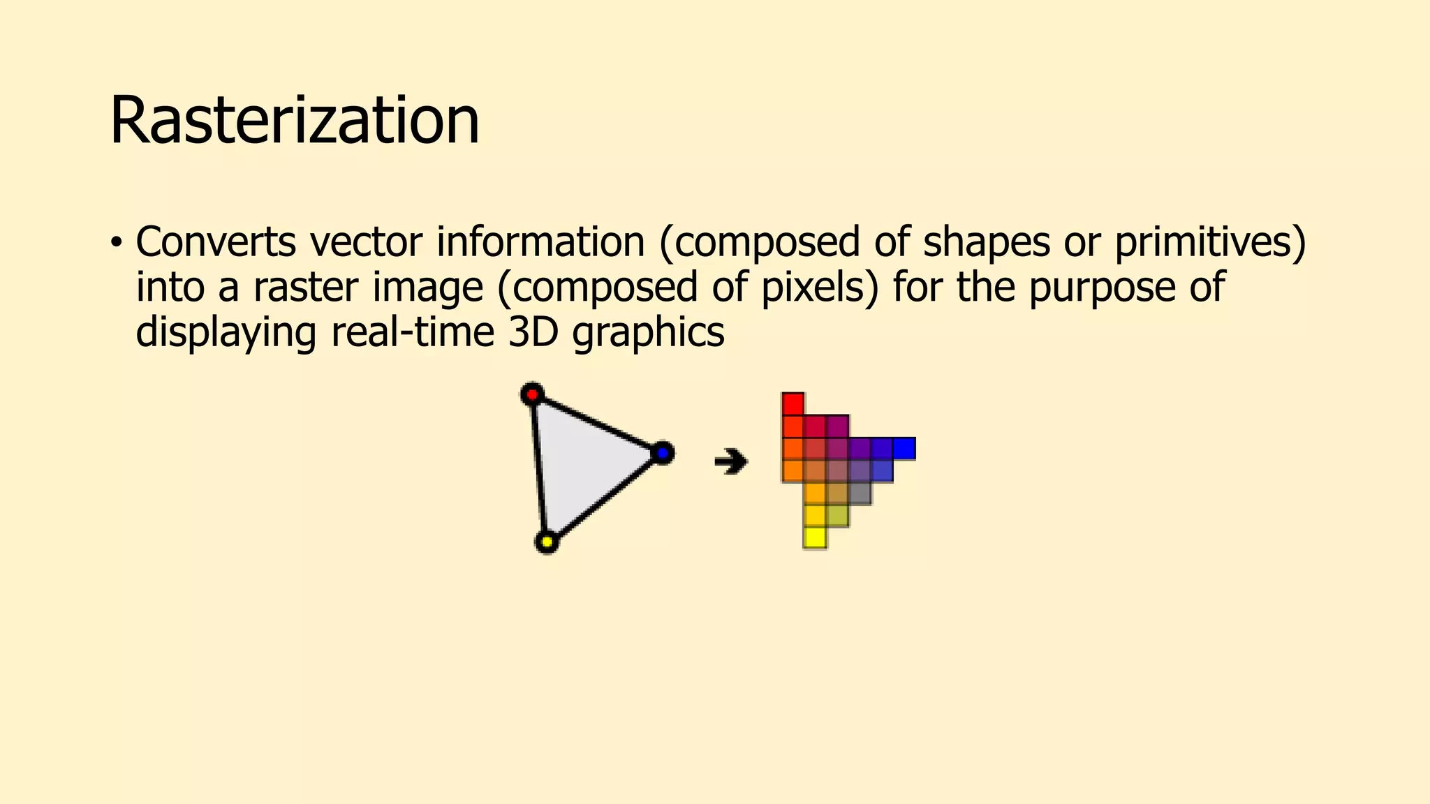 Rasterization
• Converts vector information (composed of shapes or primitives)
into a raster image (composed of pixels) for the purpose of
displaying real-time 3D graphics
 