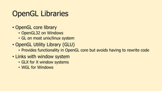 OpenGL Libraries
• OpenGL core library
• OpenGL32 on Windows
• GL on most unix/linux system
• OpenGL Utility Library (GLU)
• Provides functionality in OpenGL core but avoids having to rewrite code
• Links with window system
• GLX for X window systems
• WGL for Windows
 
