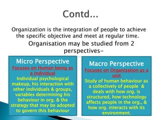 Organization is the integration of people to achieve
the specific objective and meet at regular time.
Organisation may be studied from 2
perspectives-
Micro Perspective
Focuses on Human being as
a individual
Individual psychological
makeup, his interaction with
other individuals & groups,
variables determining his
behaviour in org. & the
strategy that may be adopted
to govern this behaviour
Macro Perspective
Focuses on Organization as a
unit
Study of human behaviour as
a collectively of people &
deals with how org. is
structured, how technology
affects people in the org., &
how org. interacts with its
environment.
 
