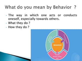 • The way in which one acts or conducts
oneself, especially towards others.
• What they do ?
• How they do ?
 