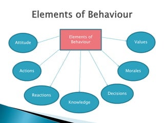 Attitude
Reactions
Values
Morales
Knowledge
Decisions
Actions
Elements of
Behaviour
 