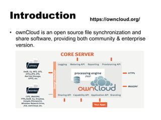 Introduction
•  ownCloud is an open source file synchronization and
share software, providing both community & enterprise
version.
https://owncloud.org/
 