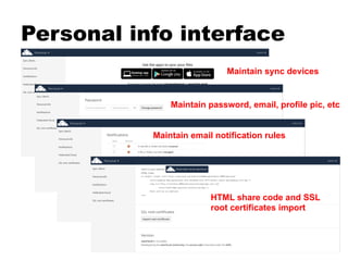 Personal info interface
Maintain sync devices
Maintain password, email, profile pic, etc
Maintain email notification rules
HTML share code and SSL
root certificates import
 
